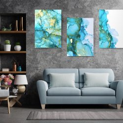 Set 3 tablouri abstract imitatie marmura albastru auriu 2756 living