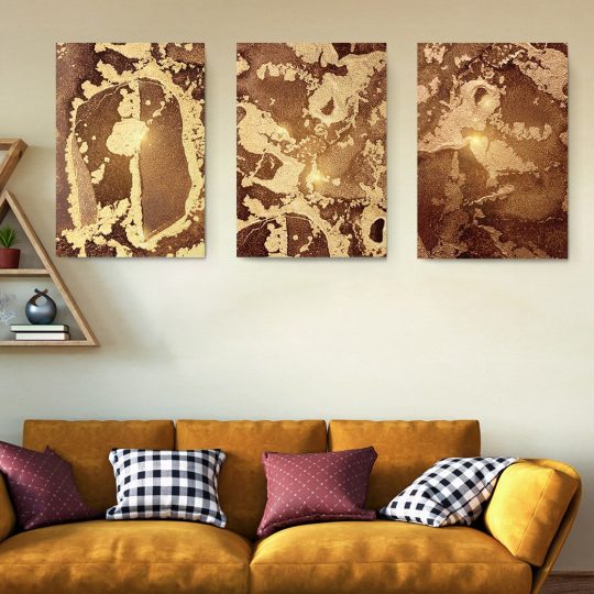Set 3 tablouri abstract imitatie marmura maro auriu 2757 Living