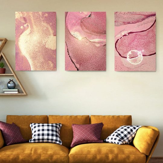 Set 3 tablouri abstract imitatie marmura roz auriu 2759 living