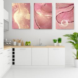 Set 3 tablouri abstract imitatie marmura roz auriu 2759 bucatarie