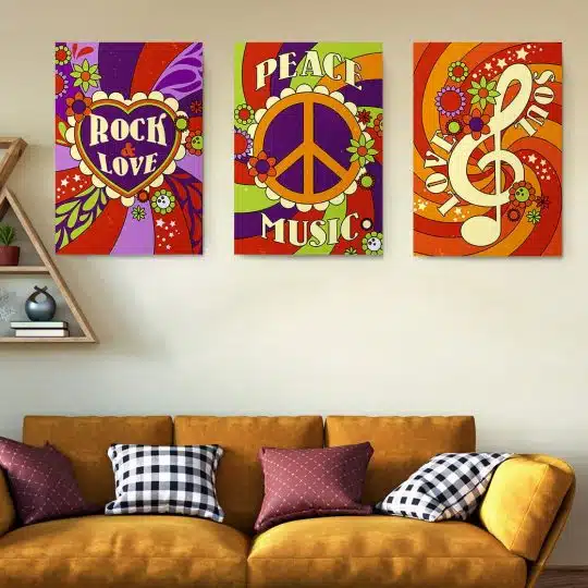 Set 3 tablouri afise muzica peace love stil hippie 2977 Living