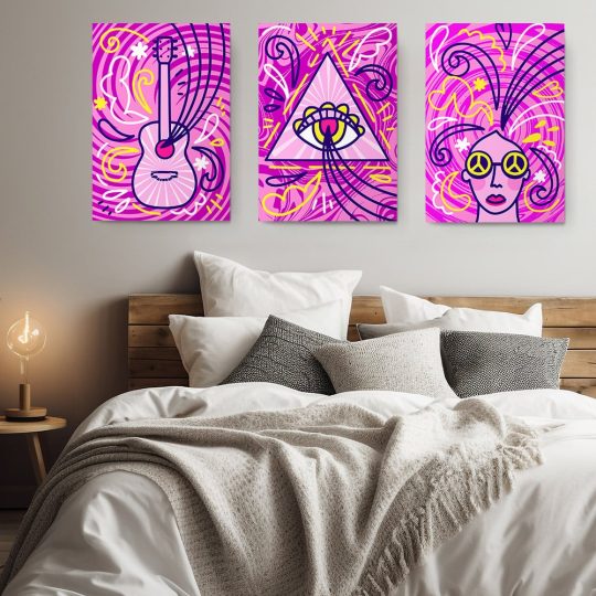 Set 3 tablouri afise muzica stil hippie multicanvas 2972 dormitor