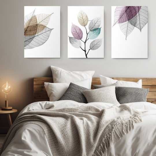 Set 3 tablouri minimaliste frunze 2999 dormitor