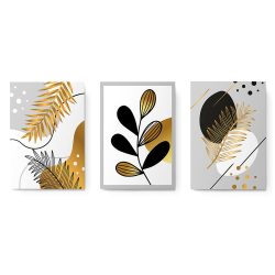 Set 3 tablouri minimaliste frunze aurii negre 2922