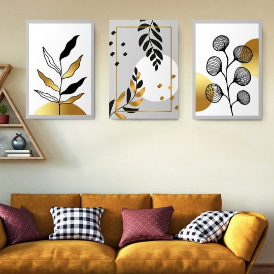 Set 3 tablouri minimaliste frunze aurii negre 2924 Living