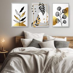 Set 3 tablouri minimaliste frunze aurii negre 2924 dormitor
