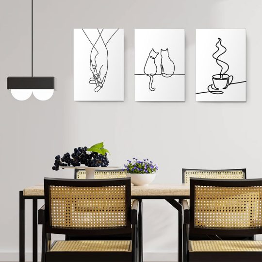Set 3 tablouri minimaliste pisici maini cafea 2993 bucatarie