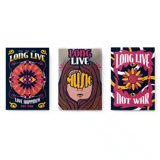 Set 3 tablouri muzica long live not war stil hippie 2978