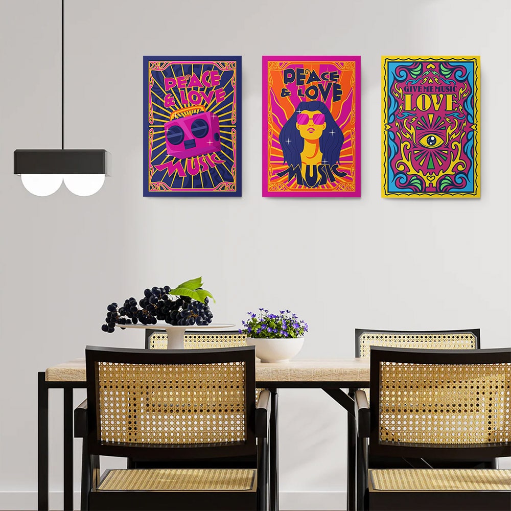 Set 3 tablouri muzica peace&love stil hippie - Dimensiune multicanvas: 3 tablouri 60x90 cm