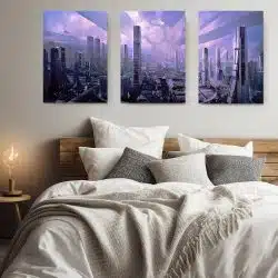 Set 3 tablouri peisaj urban futurist multicanvas 3017 dormitor