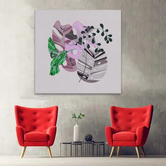 Tablou Boho minimalism pasare si plante Monstera roz verde 1260 hol - Afis Poster Boho pasare si frunze Monstera roz verde pentru living casa birou bucatarie livrare in 24 ore la cel mai bun pret.