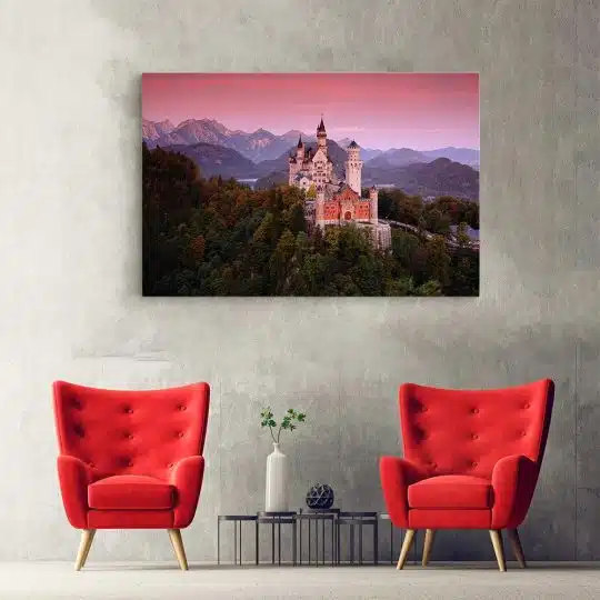 Tablou Castelul Neuschwanstein la apus Germania roz 1525 hol - Afis Poster Tablou Castelul Neuschwanstein la apus Germania pentru living casa birou bucatarie livrare in 24 ore la cel mai bun pret.