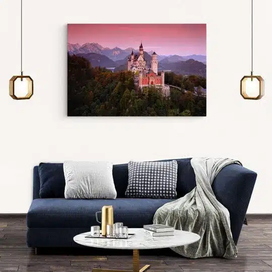 Tablou Castelul Neuschwanstein la apus Germania roz 1525 living modern 2 - Afis Poster Tablou Castelul Neuschwanstein la apus Germania pentru living casa birou bucatarie livrare in 24 ore la cel mai bun pret.