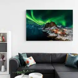 Tablou aurora boreala Hamnoy Norvegia verde albastru 1598 living - Afis Poster Tablou aurora boreala Hamnoy Norvegia pentru living casa birou bucatarie livrare in 24 ore la cel mai bun pret.