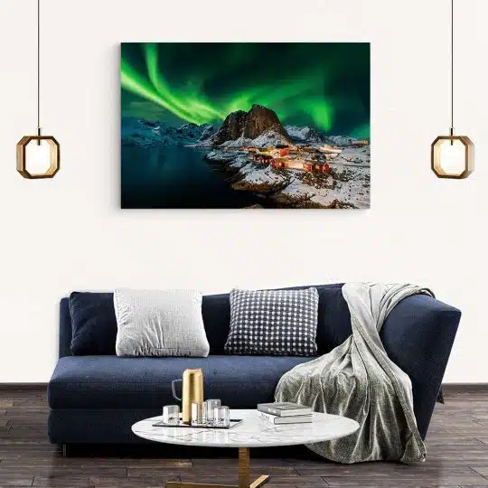 Tablou aurora boreala Hamnoy Norvegia verde albastru 1598 living modern 2 - Afis Poster Tablou aurora boreala Hamnoy Norvegia pentru living casa birou bucatarie livrare in 24 ore la cel mai bun pret.