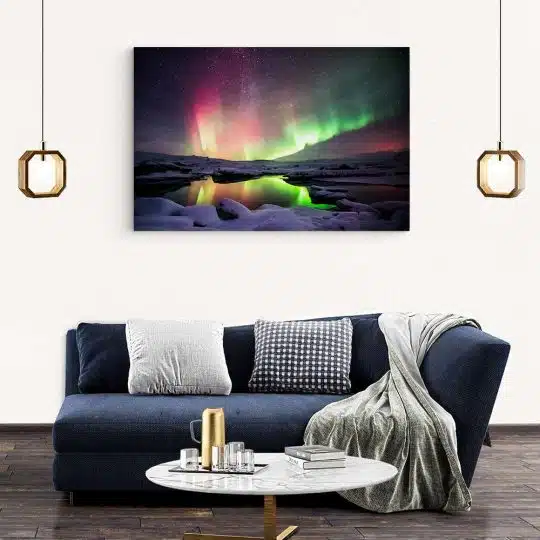 Tablou aurora boreala laguna Jokulsarlon Islanda 1915 living modern 2 - Afis Poster Tablou aurora boreala laguna Jokulsarlon Islanda mov verde pentru living casa birou bucatarie livrare in 24 ore la cel mai bun pret.