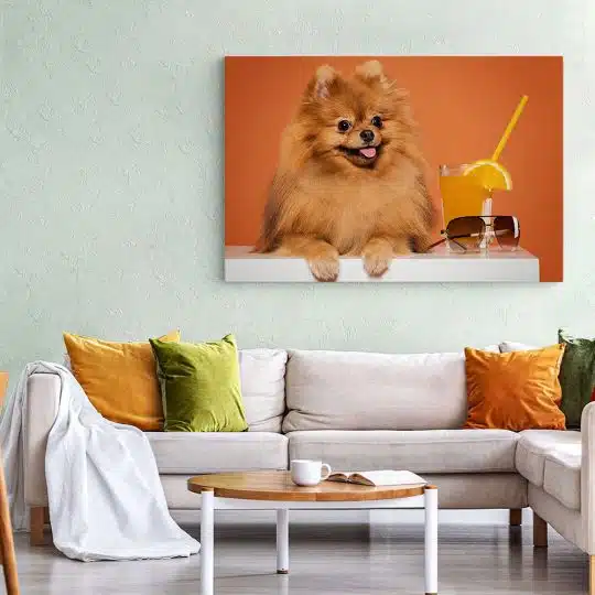 Tablou caine pomeranian cu pahar suc 4167 living 1