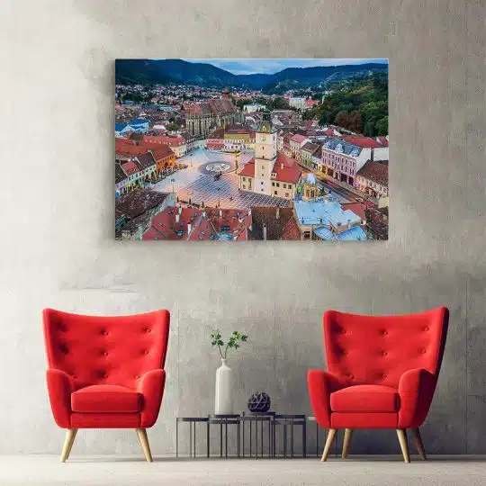 Tablou canvas Piata Sfatului Brasov Romania rosu verde 1184 hol - Afis Poster Piata Sfatului Brasov Romania rosu verde pentru living casa birou bucatarie livrare in 24 ore la cel mai bun pret.