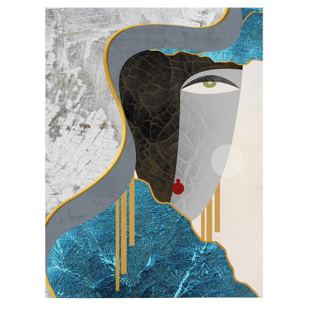 Tablou canvas abstract portret femeie, in nuante albastru, negru, gri, auriu 1041 - Material produs:: Poster pe hartie FARA RAMA, Dimensiunea:: 80x120 cm