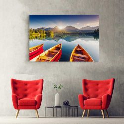 Tablou canvas barci Parcul National Tatra hol - Afis Poster peisaj lac munte barci Tatra Slovacia rosu albastru pentru living casa birou bucatarie livrare in 24 ore la cel mai bun pret.