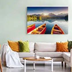 Tablou canvas barci Parcul National Tatra living 1 - Afis Poster peisaj lac munte barci Tatra Slovacia rosu albastru pentru living casa birou bucatarie livrare in 24 ore la cel mai bun pret.