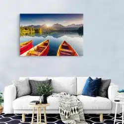 Tablou canvas barci Parcul National Tatra living modern - Afis Poster peisaj lac munte barci Tatra Slovacia rosu albastru pentru living casa birou bucatarie livrare in 24 ore la cel mai bun pret.