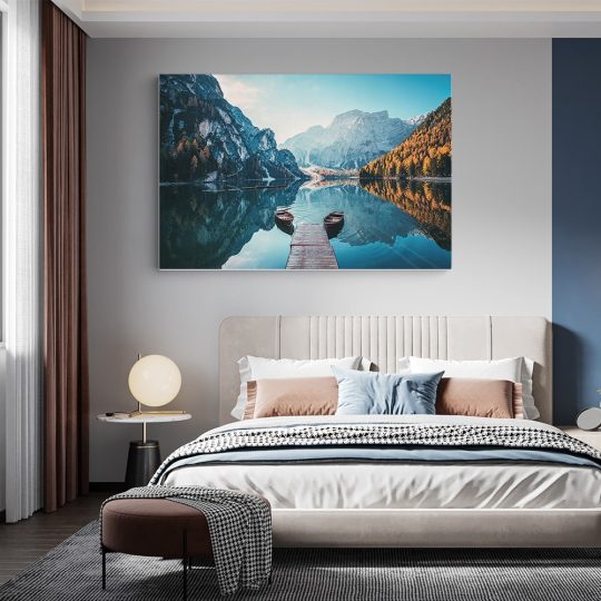 Tablou canvas barci pe Lacul Braies Dolomiti Italia albastru 1174 dormitor - Afis Poster canvas peisaj barca lac munte DolomiÈ›i pentru living casa birou bucatarie livrare in 24 ore la cel mai bun pret.