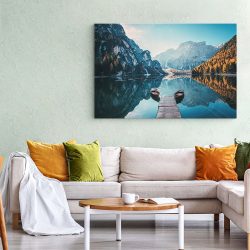 Tablou canvas barci pe Lacul Braies Dolomiti Italia albastru 1174 living 1 - Afis Poster canvas peisaj barca lac munte DolomiÈ›i pentru living casa birou bucatarie livrare in 24 ore la cel mai bun pret.
