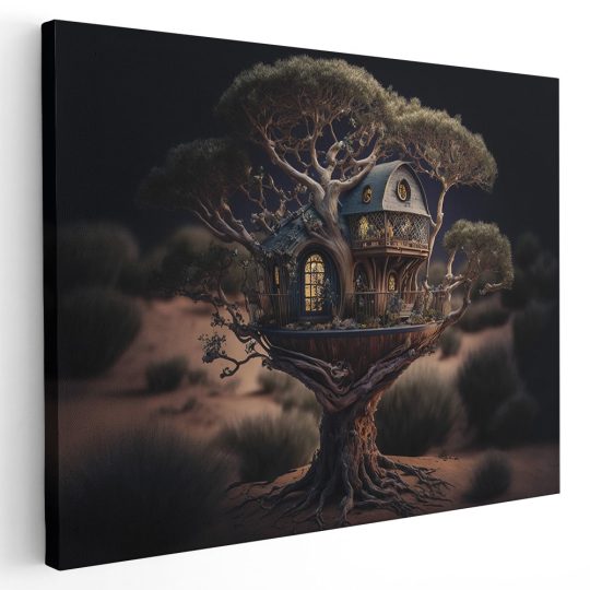 Tablou canvas casuta in copac fantezie maro negru 1115 - Afis Poster casuta in copac fantezie maro negru pentru living casa birou bucatarie livrare in 24 ore la cel mai bun pret.