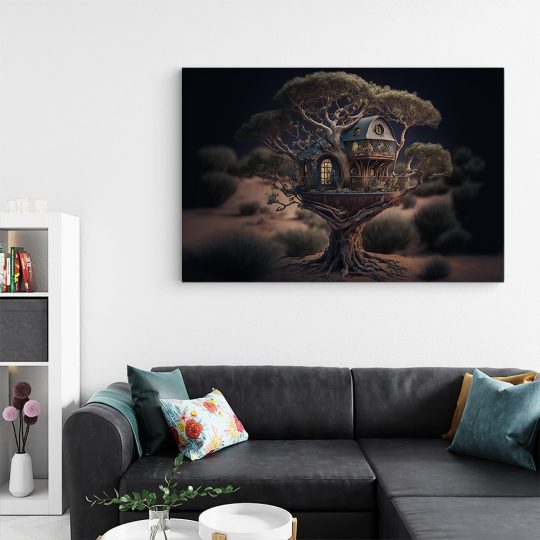 Tablou canvas casuta in copac fantezie maro negru 1115 living - Afis Poster casuta in copac fantezie maro negru pentru living casa birou bucatarie livrare in 24 ore la cel mai bun pret.
