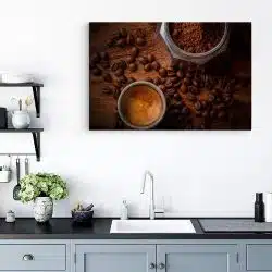 Tablou canvas ceasca si cafetiera cafea crem maro gri 1281 bucatarie - Afis Poster cafea pentru living casa birou bucatarie livrare in 24 ore la cel mai bun pret.