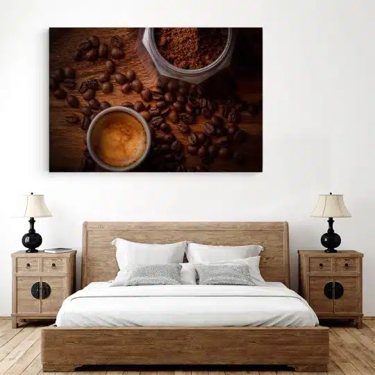 Tablou canvas ceasca si cafetiera cafea crem maro gri 1281 dormitor 3 - Afis Poster cafea pentru living casa birou bucatarie livrare in 24 ore la cel mai bun pret.