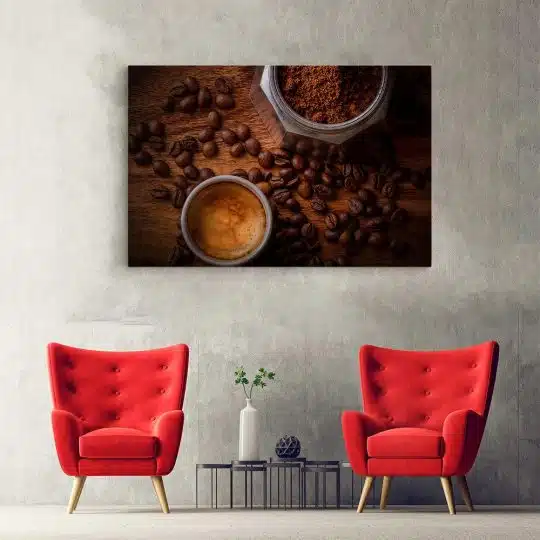 Tablou canvas ceasca si cafetiera cafea crem maro gri 1281 hol - Afis Poster cafea pentru living casa birou bucatarie livrare in 24 ore la cel mai bun pret.