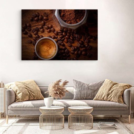 Tablou canvas ceasca si cafetiera cafea crem maro gri 1281 living modern 3 - Afis Poster cafea pentru living casa birou bucatarie livrare in 24 ore la cel mai bun pret.