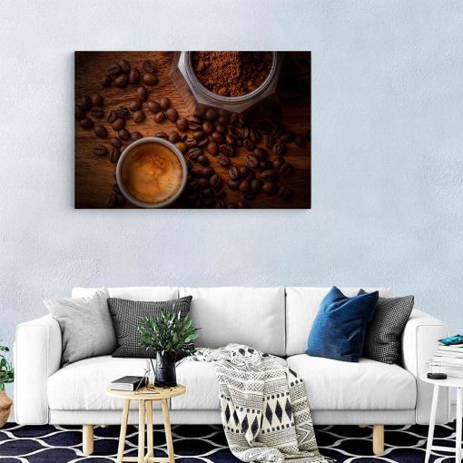 Tablou canvas ceasca si cafetiera cafea crem maro gri 1281 living modern - Afis Poster cafea pentru living casa birou bucatarie livrare in 24 ore la cel mai bun pret.