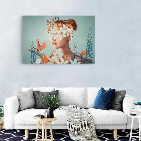 Tablou canvas colaj femeie cu flori pe fata portocaliu albastru 1231 living modern - Afis Poster colaj femeie cu flori pe fata portocaliu albastru pentru living casa birou bucatarie livrare in 24 ore la cel mai bun pret.