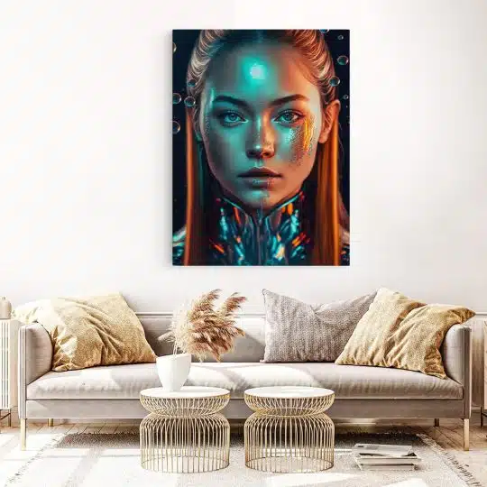 Tablou canvas femeie cu machiaj creativ portocaliu albastru 1097 living 1 - Afis Poster portret femeie cu machiaj creativ portocaliu albastru pentru living casa birou bucatarie livrare in 24 ore la cel mai bun pret.