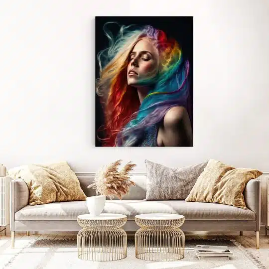 Tablou canvas femeie cu par culori multicolore 1078 living 1 - Afis Poster portret femeie cu par curcubeu multicolore pentru living casa birou bucatarie livrare in 24 ore la cel mai bun pret.