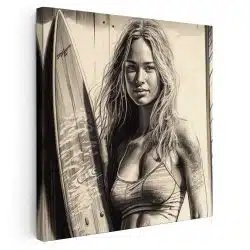 Tablou canvas femeie cu placa surf sepia 1367 - Afis Poster femeie cu placa surf sepia pentru living casa birou bucatarie livrare in 24 ore la cel mai bun pret.