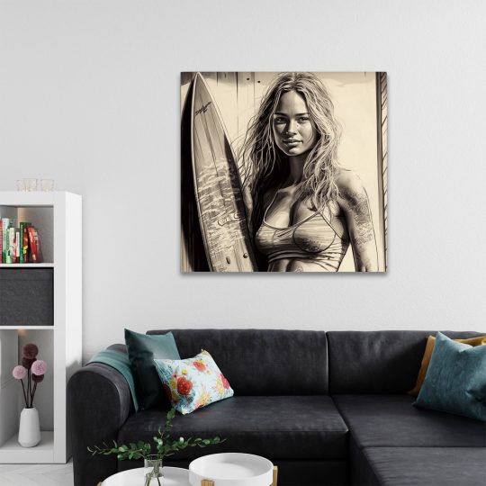 Tablou canvas femeie cu placa surf sepia 1367 camera 2 - Afis Poster femeie cu placa surf sepia pentru living casa birou bucatarie livrare in 24 ore la cel mai bun pret.