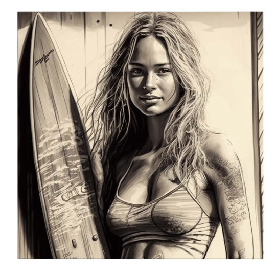Tablou canvas femeie cu placa surf sepia 1367 frontal - Afis Poster femeie cu placa surf sepia pentru living casa birou bucatarie livrare in 24 ore la cel mai bun pret.
