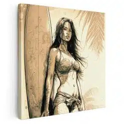 Tablou canvas femeie in costum baie si placa surf sepia 1368 - Afis Poster femeie in costum baie si placa surf sepia pentru living casa birou bucatarie livrare in 24 ore la cel mai bun pret.