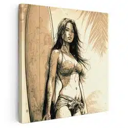 Tablou canvas femeie in costum baie si placa surf sepia 1368 - Afis Poster femeie in costum baie si placa surf sepia pentru living casa birou bucatarie livrare in 24 ore la cel mai bun pret.