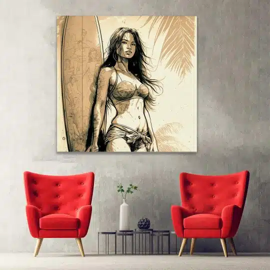 Tablou canvas femeie in costum baie si placa surf sepia 1368 hol - Afis Poster femeie in costum baie si placa surf sepia pentru living casa birou bucatarie livrare in 24 ore la cel mai bun pret.