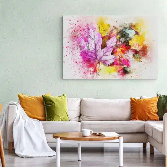 Tablou canvas frunze pictura acuarela roz rosu galben 1190 living 1 - Afis Poster frunze acuarela pentru living casa birou bucatarie livrare in 24 ore la cel mai bun pret.