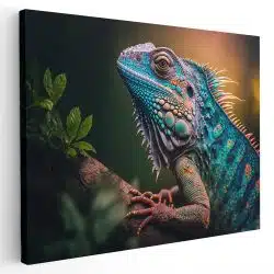 Tablou canvas iguana pe ramura in nuante verde portocaliu albastru 1045 - Afis Poster tablou canvas iguana pe ramura pentru living casa birou bucatarie livrare in 24 ore la cel mai bun pret.