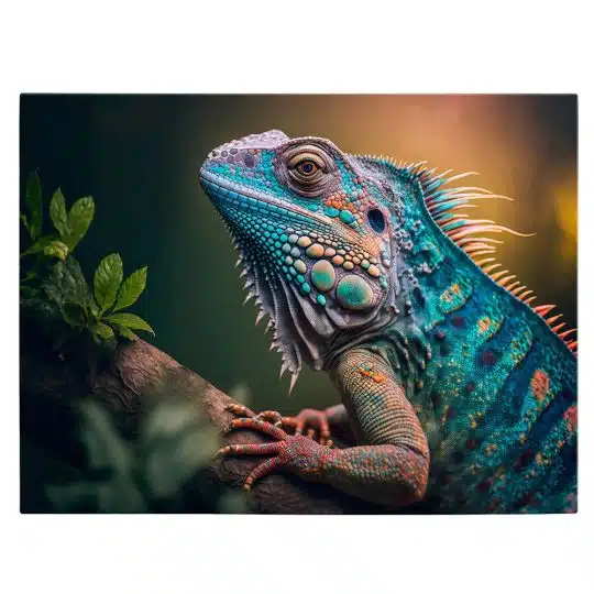 Tablou canvas iguana pe ramura in nuante verde portocaliu albastru 1045 front - Afis Poster tablou canvas iguana pe ramura pentru living casa birou bucatarie livrare in 24 ore la cel mai bun pret.