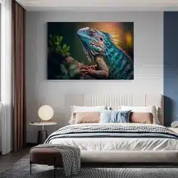 Tablou canvas iguana pe ramura in nuante verde portocaliu albastru 1045 dormitor - Afis Poster tablou canvas iguana pe ramura pentru living casa birou bucatarie livrare in 24 ore la cel mai bun pret.