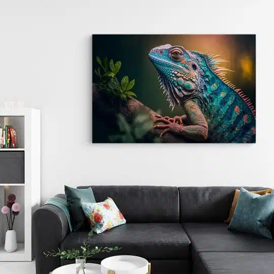 Tablou canvas iguana pe ramura in nuante verde portocaliu albastru 1045 living - Afis Poster tablou canvas iguana pe ramura pentru living casa birou bucatarie livrare in 24 ore la cel mai bun pret.