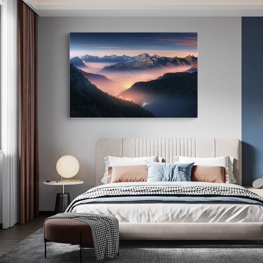 Tablou canvas munti in ceata la apus roz albastru mov 1274 dormitor - Afis Poster munti pentru living casa birou bucatarie livrare in 24 ore la cel mai bun pret.